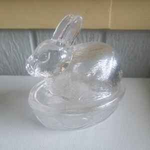 Galerie Vintage Clear Glass Bunny Candy Dish On Nest Trinket Box Butter Dish